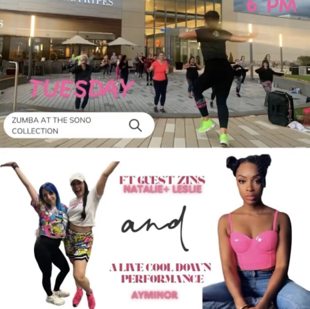 Flyer for SoNo Collection Free Zumba Tuesdays